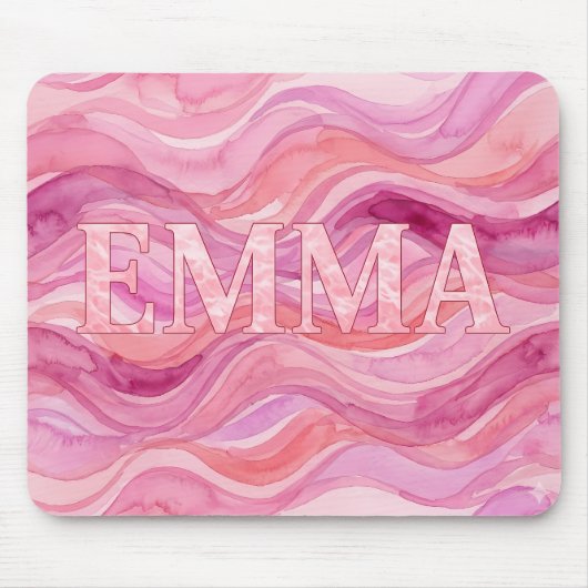 EMMA ピンク水彩ウェーブ パーソナライズデザイン マウスパッド (正面)