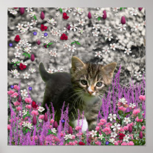 Emma in Flowers I - Little Gray Kitty Cat ポスター