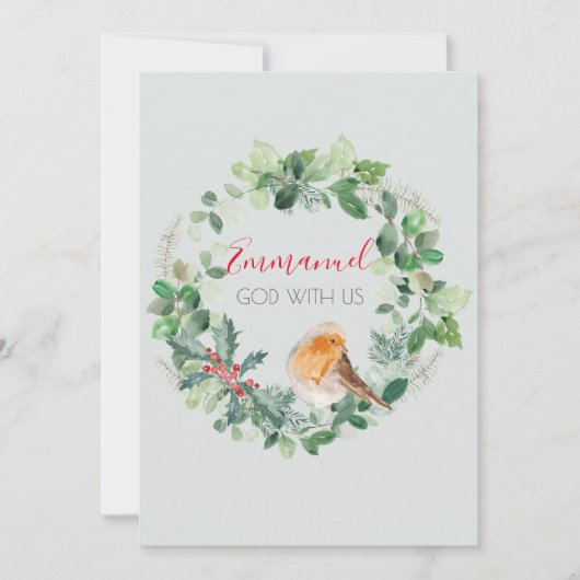 Emmanuel神と米国の水色のリースクリスマス シーズンカード (正面)