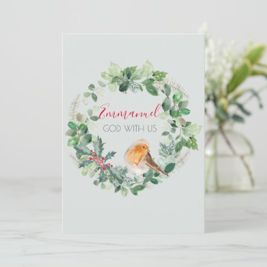 Emmanuel神と米国の水色のリースクリスマス シーズンカード (スタンド正面)