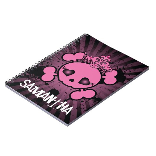 EMOのピンクのスカルの骨が交差した図形のガーリーな螺線形ノート ノートブック (左側)