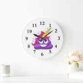 Emojiの紫色のユニコーンのウンチ ラージ壁時計 (ホーム)