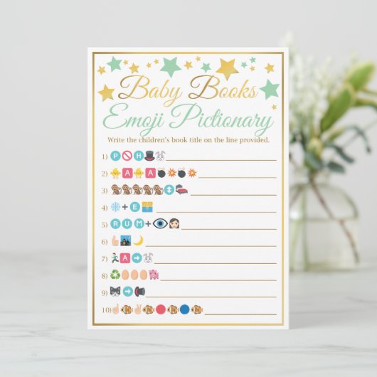 Emoji Pictionaryのベビーシャワーのゲームのミントの金ゴールドの星 招待状 (スタンド正面)