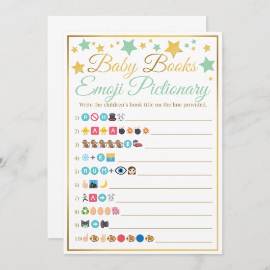 Emoji Pictionaryのベビーシャワーのゲームのミントの金ゴールドの星 招待状 (正面/裏面)