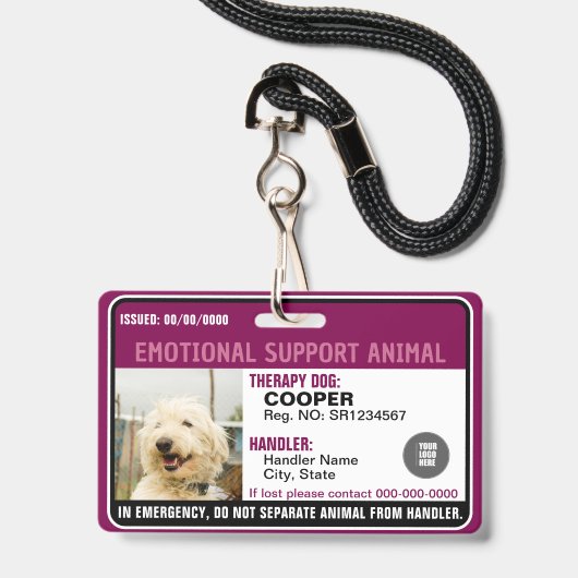 Emotional Support Animal ID Therapy Photo Custom バッジ (正面(ネックストラップ付))