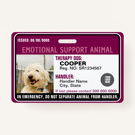 Emotional Support Animal ID Therapy Photo Custom バッジ (正面)