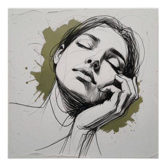Emotive Female Portrait Poster – Hand on Face with ポスター (正面)