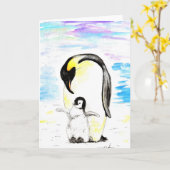 Emperor Penguin and Chick Watercolor Painting カード (黄色い花)