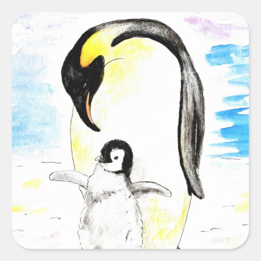Emperor Penguin and Chick Watercolor Painting スクエアシール (正面)