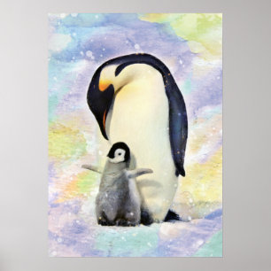 Emperor Penguin with Baby Chick Watercolor Art ポスター