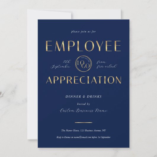 Employee Appreciation Navy & Gold Logo Business 招待状 (正面)