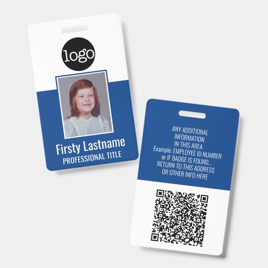 Employee ID - 写真、QRコード、ロゴ、名前 青バッジ バッジ (正面&裏面)