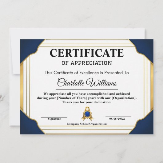 Employee Recognition Certificate ブルー ゴールド 2026 招待状 (正面)
