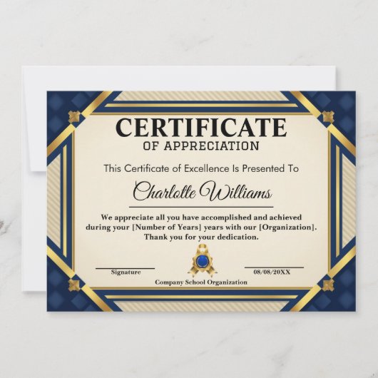 Employee Recognition Certificate ブルー ゴールド 2026 招待状 (正面)
