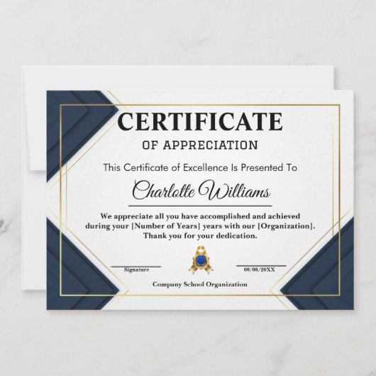 Employee Recognition Certificate ブルー ゴールド 2026 招待状 (正面)
