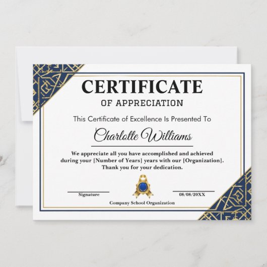 Employee Recognition Certificate 青と金 2026 招待状 (正面)