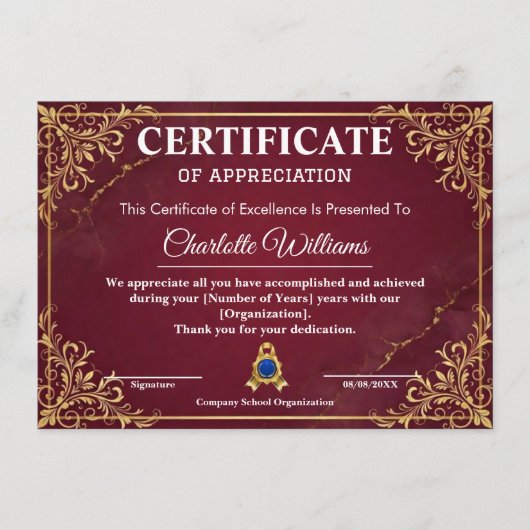 Employee Recognition Certificate Red Gold エンクロージャーカード (正面)