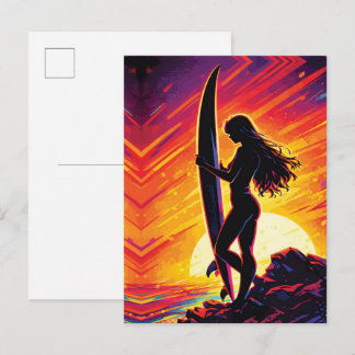 Empowering Surfer Girl Sunset Silhouette Pop Art ポストカード