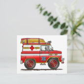 EMSレスキュー車の救急車の消防車 ポストカード (スタンド正面)