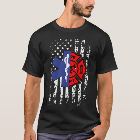 EMT消防士アメリカ国旗 Tシャツ (正面)
