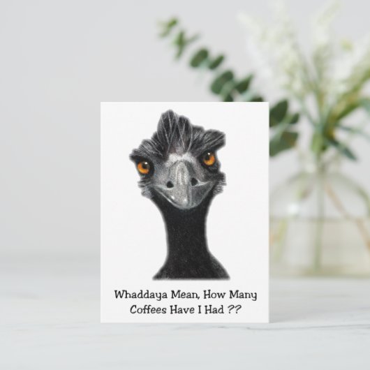 Emu:、おもしろいユーモア:コーヒーの数が多すぎる:アート ポストカード (スタンド正面)