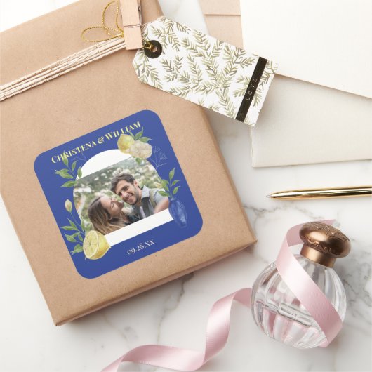 Enchanted Blue Lemon Blossom Photo Wedding スクエアシール (ギフト)