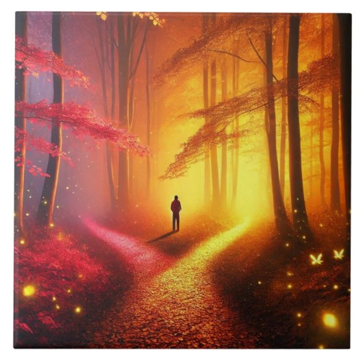 Enchanted Crossroads – Vibrant Autumn Forest Art P タイル (正面)