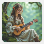 Enchanted  Elven Fairy Playing Ukulele スクエアシール (正面)