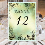 Enchanted Evening Deco Leaf Wedding Table Card テーブルナンバー<br><div class="desc">Wedding reception table cards in a romantic watercolor mist of blues, greens and cream with a black leafy swirly border. Mirrored double sided design all formatted and ready for your to edit with your own table numbers in the easy Zazzle text editor. Just edit, add to the cart and repeat...</div>