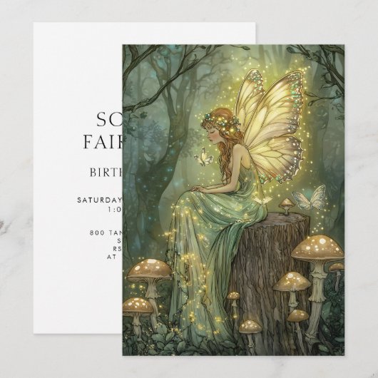 Enchanted Fairy First Birthday Forest Mushrooms 招待状 (正面/裏面)