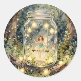 Enchanted Fairy in a Mason Jar n a Magical Forest ラウンドシール