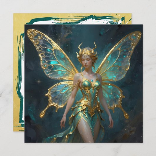 Enchanted Fairy in Gold and Turquoise Blank カード (正面/裏面)