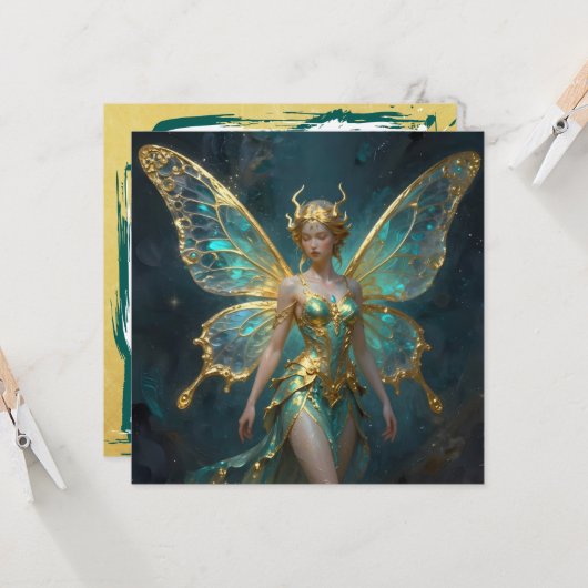Enchanted Fairy in Gold and Turquoise Blank カード (正面/裏面インサイチュ)
