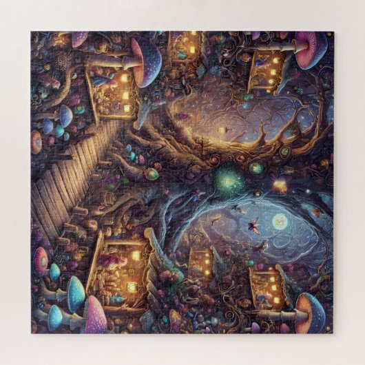 Enchanted Fairy Tree Village Whimsical Fantasy ジグソーパズル (横)