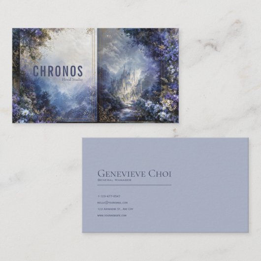 Enchanted Fairytale Castle Purple Floral Gold Mist 名刺 (正面/裏面)