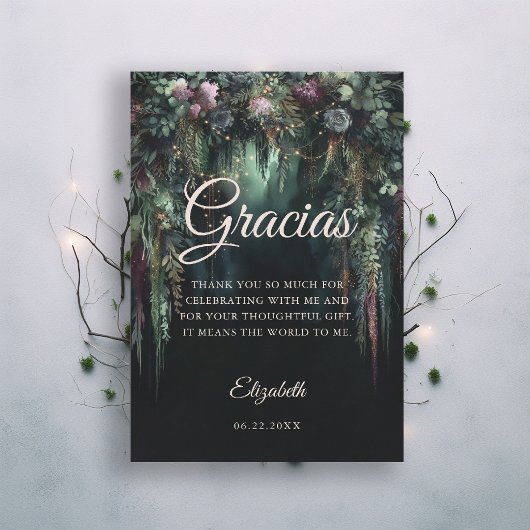 Enchanted Forest Arch Fairy Tale Green Quinceanera サンキューカード