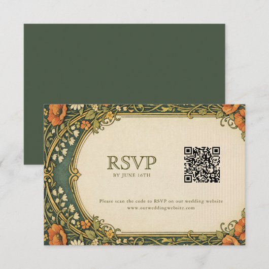 Enchanted Forest Art Nouveau RSVP with QR Code エンクロージャーカード (正面/裏面)