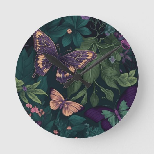 Enchanted Forest Butterflies Botanical Clock ラウンド壁時計 (正面)