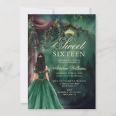 Enchanted Forest Emerald Gold Fairy Tale Sweet 16 招待状 (正面)