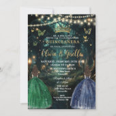 Enchanted Forest Emerald & Navy Twins Quinceañera 招待状 (正面)