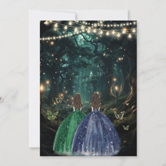 Enchanted Forest Emerald & Navy Twins Quinceañera 招待状 (裏面)