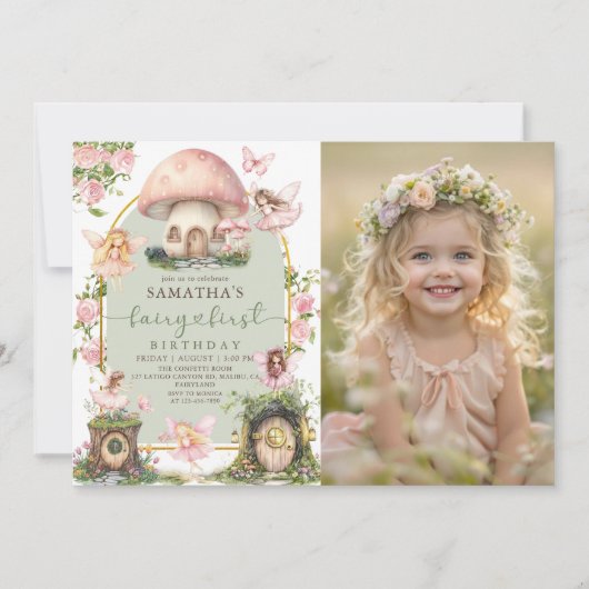 Enchanted Forest Fairy First Birthday Photo 招待状 (正面)
