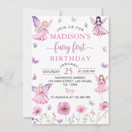 Enchanted Forest Fairy First Floral Birthday 招待状 (正面)