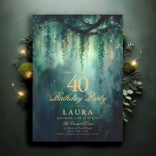 Enchanted Forest Fairy Gold Greenery 40th Birthday 招待状