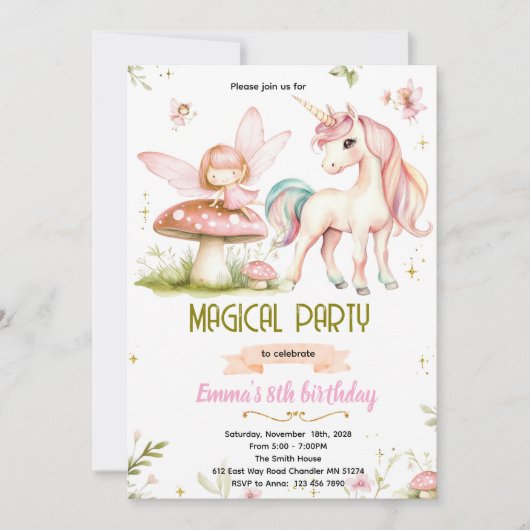 Enchanted Forest Fairy Unicorn Birthday Invitation 招待状 (正面)