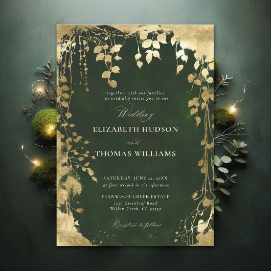 Enchanted Forest Foliage Frame Gold Magic Wedding 招待状