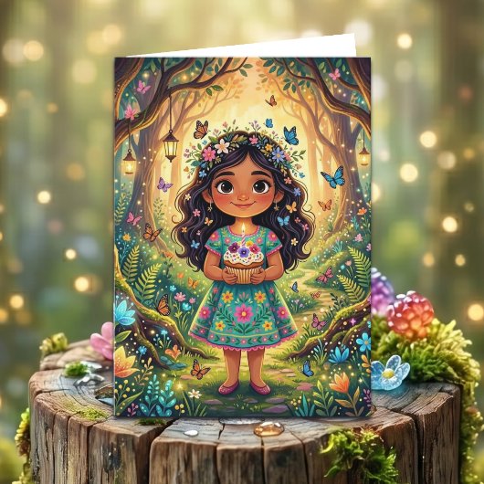 Enchanted Forest Girl's Birthday + Coloring Page カード