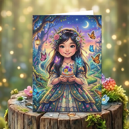 Enchanted Forest Girl's Birthday + Coloring Page カード