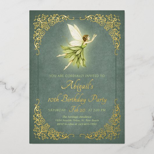 Enchanted Forest Gold Fairy Birthday 箔招待状 (正面)