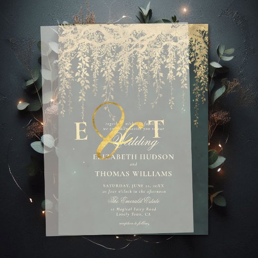 Enchanted Forest Hanging Gold Greenery Wedding ベラム紙招待状
